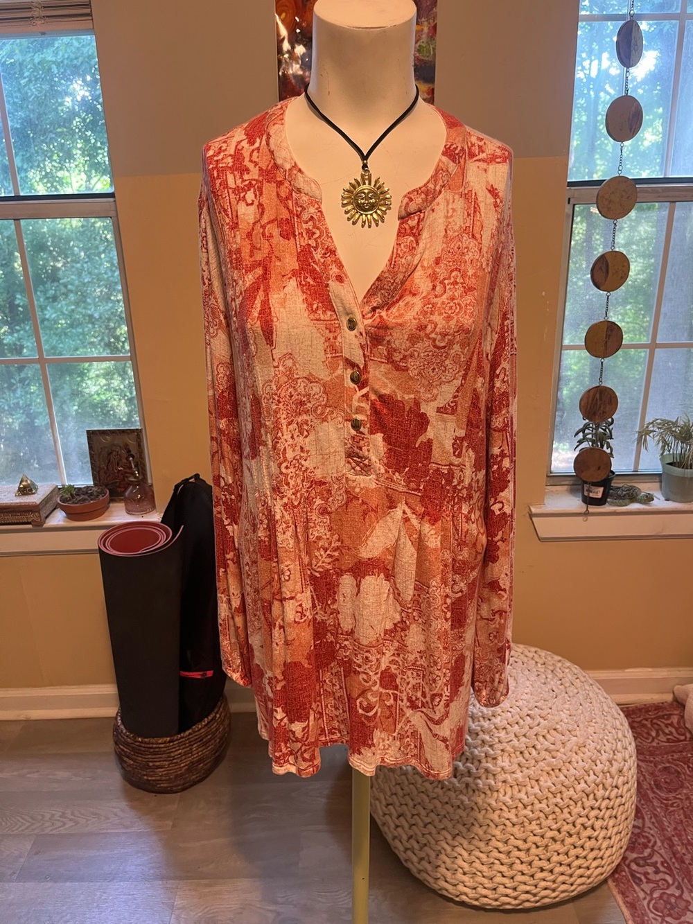 Women's Red Paisley Henley Tunic Top Boho Glam